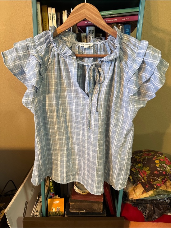 Blu Pepper Tops - Blu Pepper Light Blue Plaid Ruffle Sleeve Tie-Neck Top